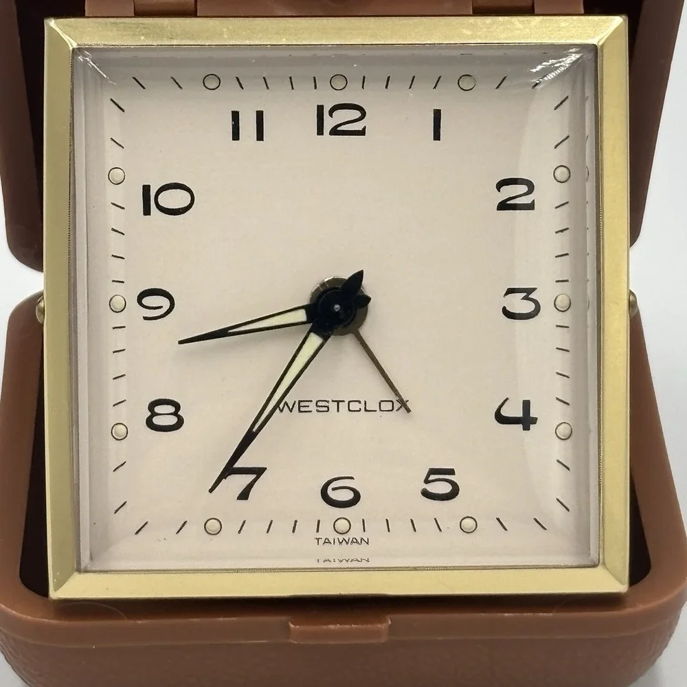 Vintage Westclox Compact Windup Travel‎ Alarm Clock Tan Folding Case Works Great